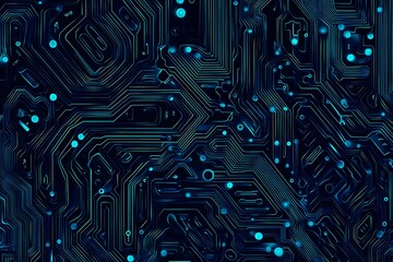 Abstract close-up of a glowing blue digital circuit board, showcasing intricate connections and technological design on a black background.
