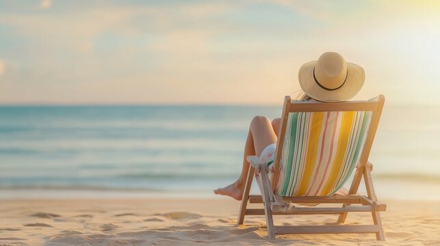 Peaceful and serene beach vacation scene with a person relaxing in a comfortable deckchair enjoying the warm glow of the sunset over the calm ocean horizon