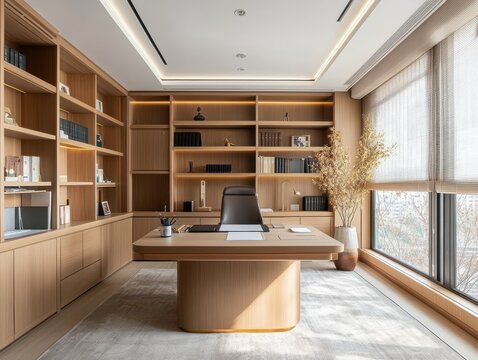 Modern office setting with wood desk and built ins