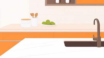 Modern Kitchen Interior Design with Simple Kitchen Utensils and Fresh Produce