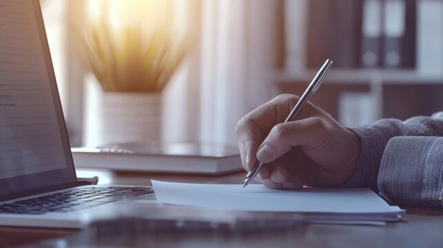 Focused workspace with laptop documents and writing tools for productive writing research and academic work