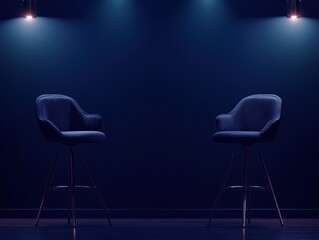 Two modern bar stools illuminated in a dark room setting
