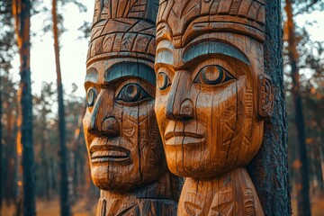 Ancient Wooden Totem Poles in Forest.