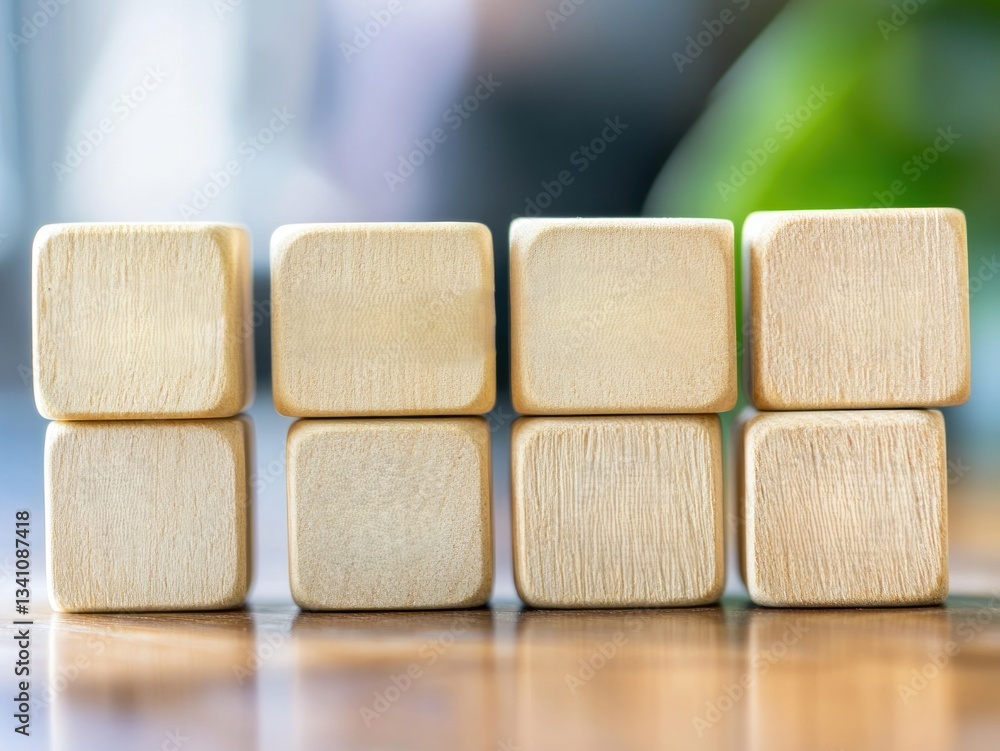 Poster wooden blocks arranged in a row on a table background