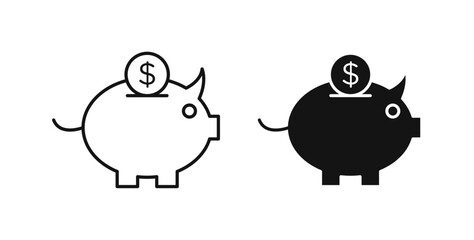 Piggy bank icons in flat solid and thin line style