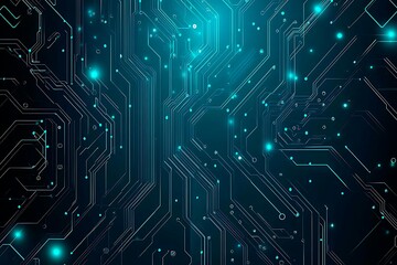 Abstract close-up of a glowing blue digital circuit board, showcasing intricate connections and technological design on a black background.
