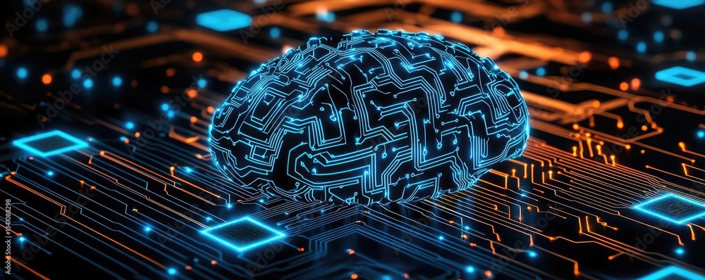 Poster Artificial intelligence data circuit in cyberspace computing concept. Futuristic brain with circuits on a digital background.