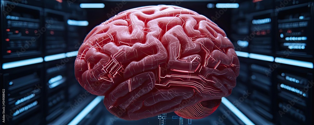Fototapete Artificial intelligence data circuit in cyberspace computing concept. A realistic brain model showcasing intricate neural pathways.