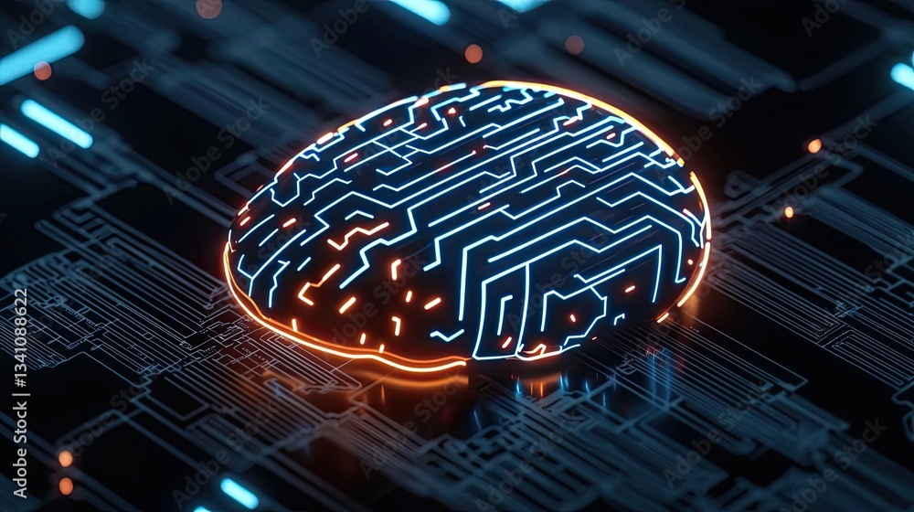 Poster Artificial intelligence database and future computing concept. Futuristic circuit design with glowing brain symbol.