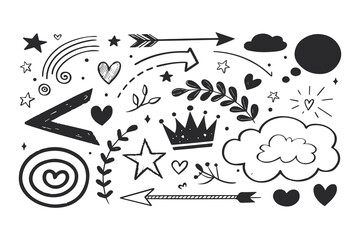 Chalkboard Doodle Line Brush Elements Set Hand Drawn Scribble Lines, Arrows, Squares, and Spirals in Crayon and Pencil Style Vector Clipart