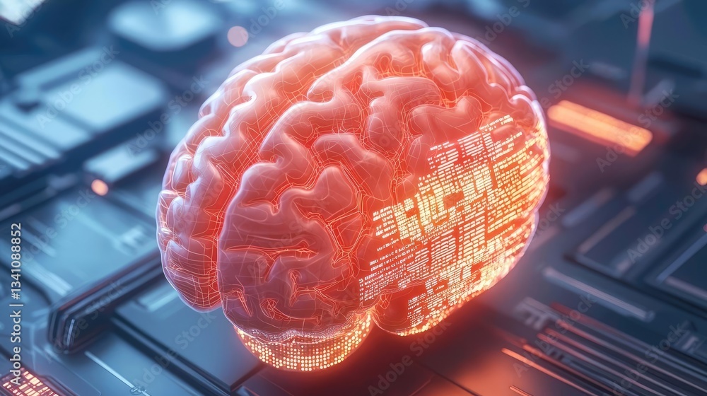 Poster Artificial intelligence database in cyberspace circuit concept. A digital representation of a glowing brain on a circuit board.
