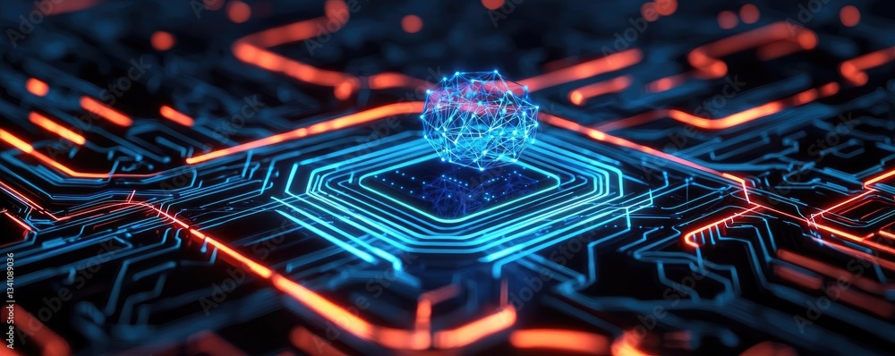 Poster Artificial intelligence data circuit in cyberspace computing concept. Futuristic circuit board with glowing elements in blue and red.