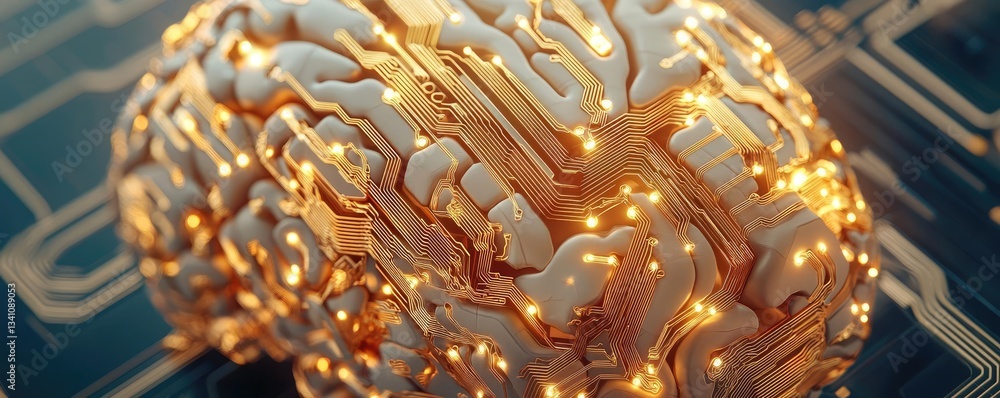 Poster Artificial intelligence data circuit in cyberspace computing concept. Futuristic brain design with circuits and glowing elements.