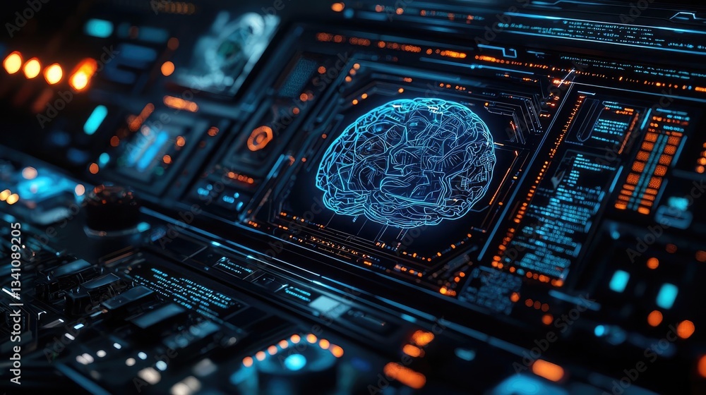 Aufkleber Artificial intelligence database and future computing concept. Futuristic interface displaying a holographic brain design.