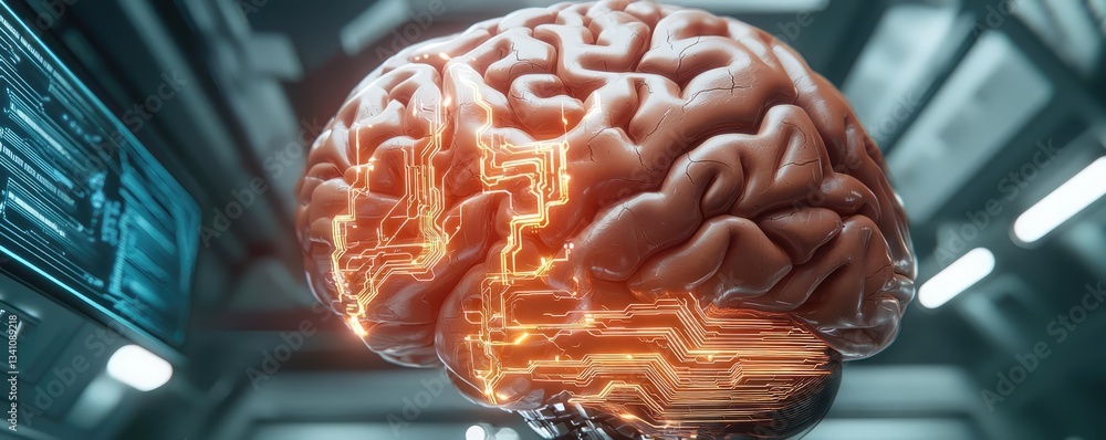 Poster Artificial intelligence database and future computing concept. Futuristic brain with glowing circuits in a high-tech environment.
