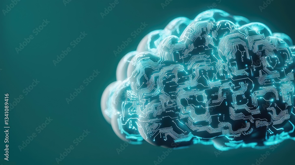 Poster Artificial intelligence database and future computing concept. Futuristic digital brain concept with glowing neon circuitry.