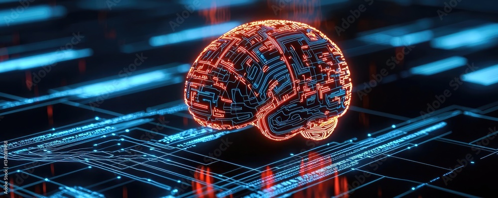 Poster Artificial intelligence database in cyberspace circuit concept. Futuristic brain illustration with glowing circuits.
