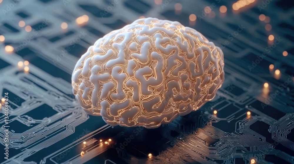 Poster Artificial intelligence database and future computing concept. A conceptual image of a brain on a circuit board background.