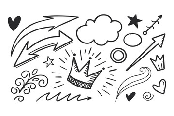 Chalkboard Doodle Line Brush Elements Set Hand Drawn Scribble Lines, Arrows, Squares, and Spirals in Crayon and Pencil Style Vector Clipart