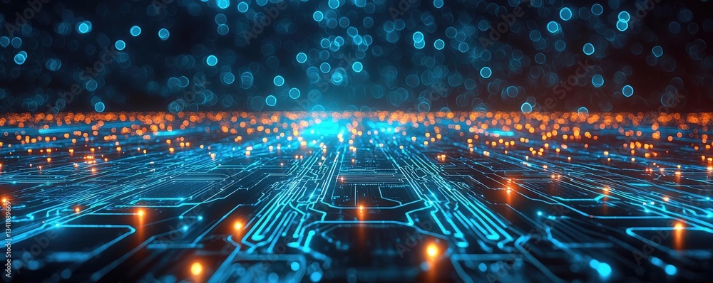 Poster Artificial intelligence database in cyberspace circuit concept. Futuristic digital landscape with glowing circuit patterns.