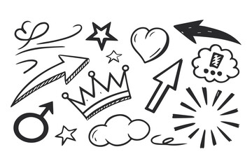 Chalkboard Doodle Line Brush Elements Set Hand Drawn Scribble Lines, Arrows, Squares, and Spirals in Crayon and Pencil Style Vector Clipart