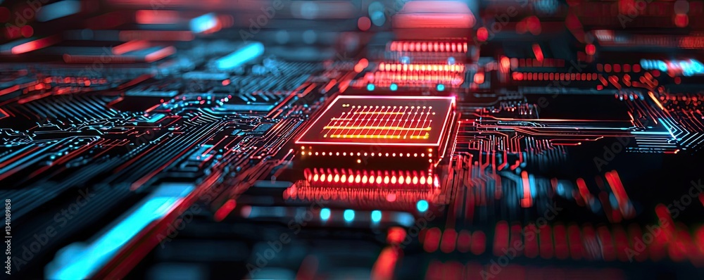Poster Artificial intelligence data circuit in cyberspace computing concept. Close-up of a high-tech circuit board with glowing elements.