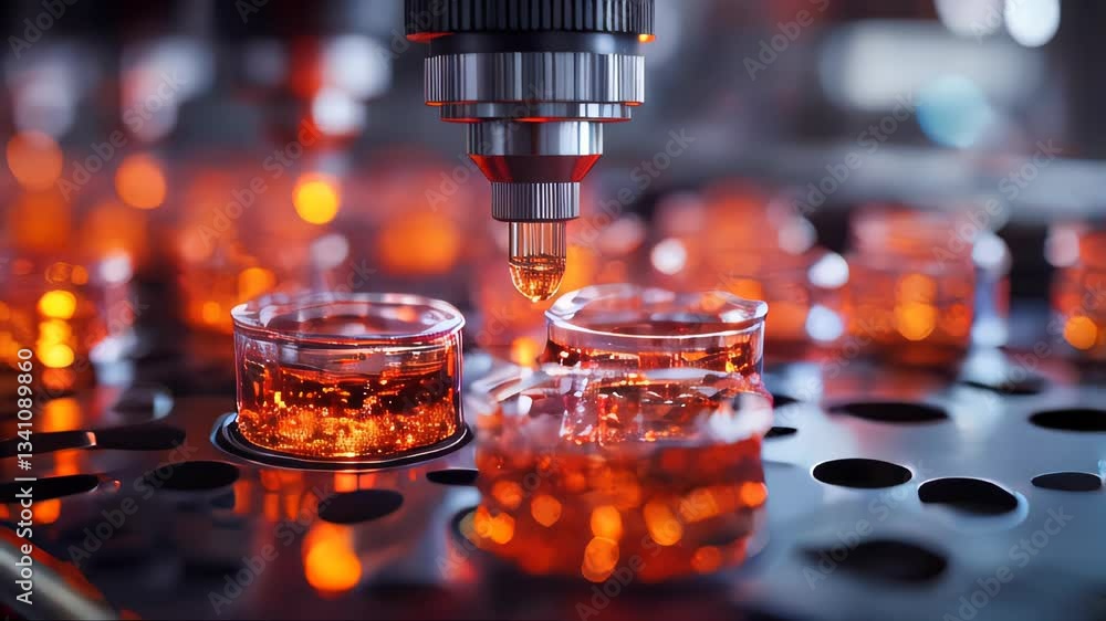 Aufkleber high-tech laboratory with automated pipetting machine filling vials with a glowing orange liquid
