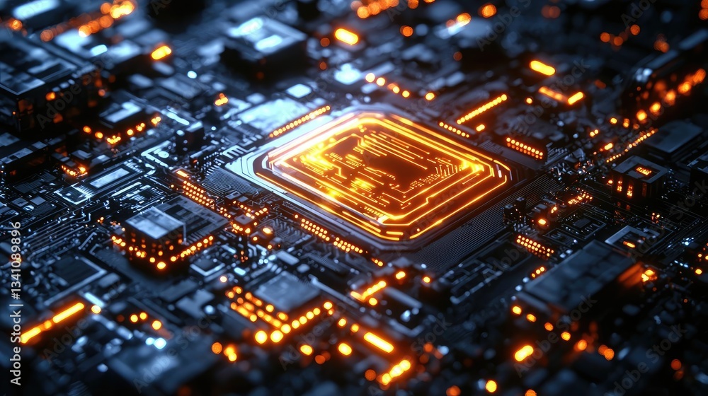 Poster Artificial intelligence database and future computing concept. Close-up of a glowing microprocessor on a circuit board.