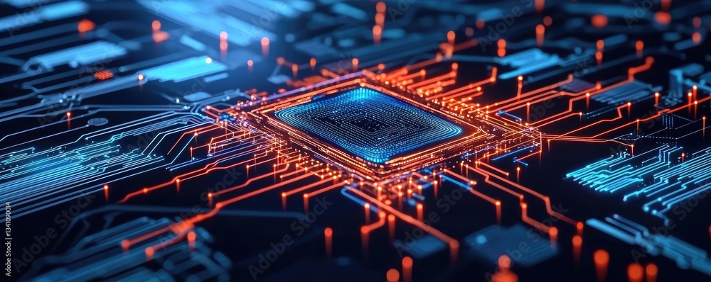 Poster Artificial intelligence data circuit in cyberspace computing concept. Close-up of a microchip with glowing circuits and connections.