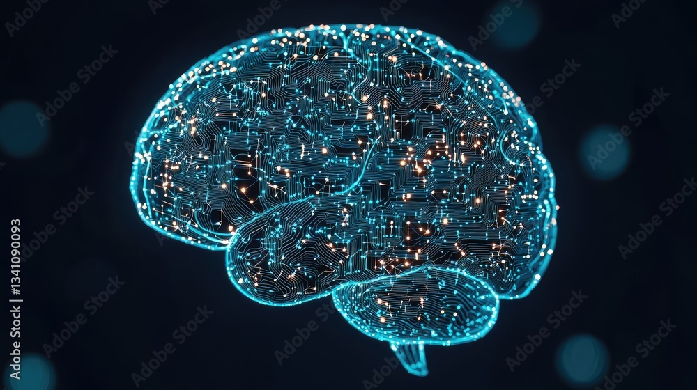 Poster Artificial intelligence database and future computing concept. An abstract representation of a glowing brain with neural pathways.