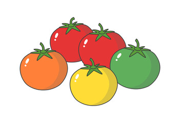 トマト, ミニトマト, カラフルトマト, 野菜, 食材, 健康食品, ビタミン, 栄養, ダイエット, 料理, サラダ, フレッシュ, 自然食品, スーパー, 食卓, 農業, 有機野菜, 無農薬, フードイラスト, シンプルイラスト, ベジタブル, ビーガン, ヘルシー, 夏野菜, 彩り, クッキング, 食育, 食品イラスト, かわいい, 健康, フルーツ, 食べ物, 赤, 新鮮, 緑, 農学, 