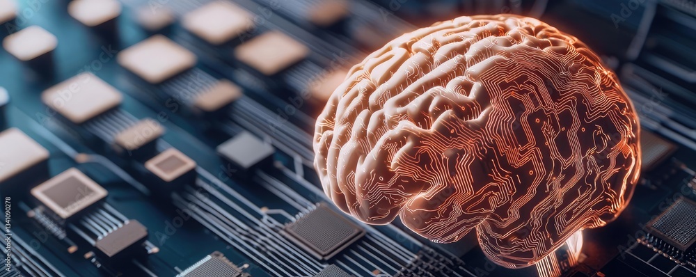Poster Artificial intelligence database and future computing concept. A fused depiction of a brain and circuit board, symbolizing AI.
