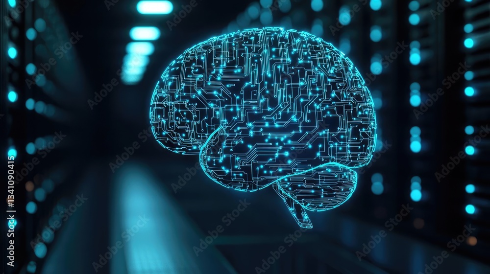 Poster Artificial intelligence data circuit in cyberspace computing concept. Futuristic digital brain in a server room showcasing AI technology.