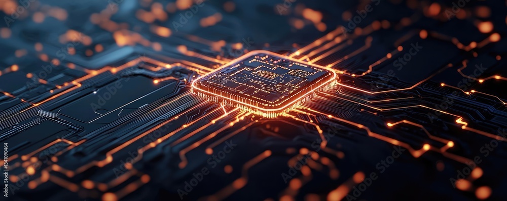 Poster Artificial intelligence database and future computing concept. Close-up of a glowing microchip with intricate circuitry design.