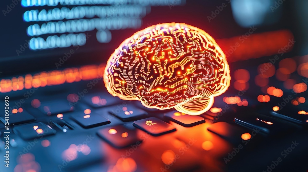Aufkleber Artificial intelligence data circuit in cyberspace computing concept. A glowing digital brain on a computer keyboard, symbolizing AI.