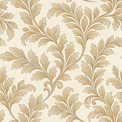 creamy beige damask with delicate leaf seamless pattern