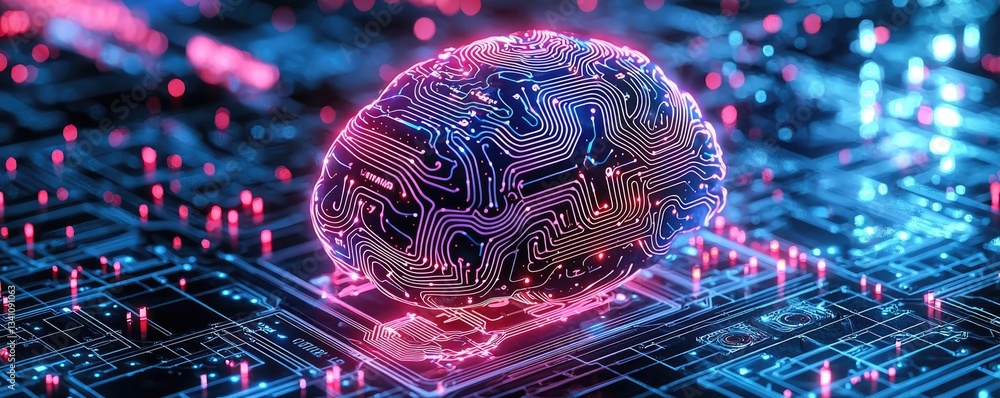 Aufkleber Artificial intelligence database in cyberspace circuit concept. Futuristic representation of an AI brain on a circuit board.