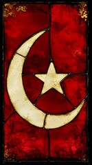 Artistic rendering of a crescent moon and star on a red background with black outlining