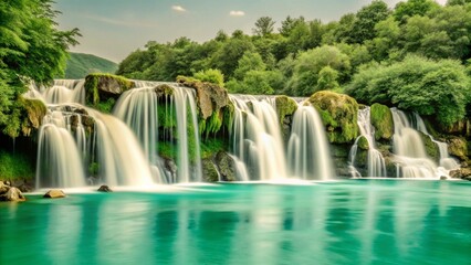 Fototapeta premium Serene artwork of a blue waterfall, with mesmerizing turquoise hues and contrasting scenery