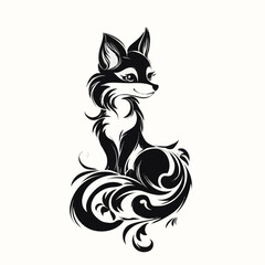 Obraz premium Whimsical Black Fox with Curly Tail Sitting Against Floral Background