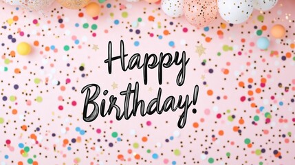 A joyful birthday greeting with "Happy Birthday!" text, colorful confetti, and decorative balloons on a soft pink background. The festive atmosphere makes it perfect for birthday greetings, invitation