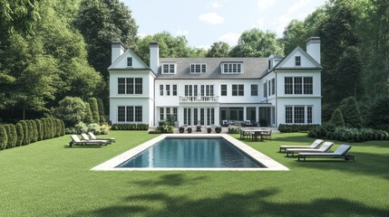 Fototapeta premium Luxury White Mansion with Pool and Lush Greenery