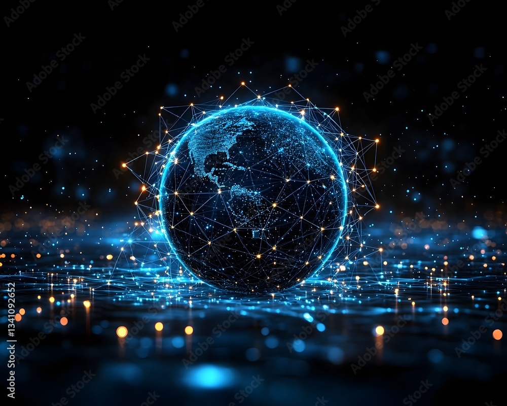 Poster glowing globe with interconnected network of nodes and lines