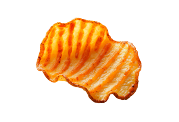 Crispy potato chip with ridges and a golden color, isolated on transparent background