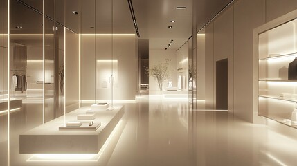 Modern retail store interior with minimalist design and bright lighting