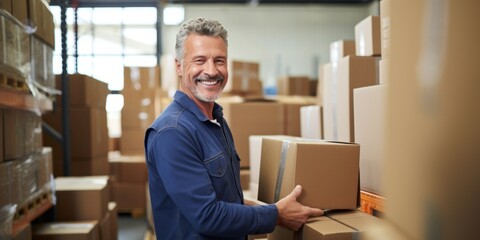 A middle-aged man working in a warehouse sending parcels with boxes. Generative AI.