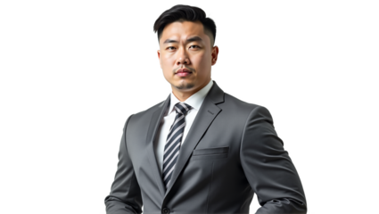 Asian businessman portrait in suit & tie. Serious, confident studio shot, isolated on white. For corporate use, presentations, marketing. Isolated on transparent background.