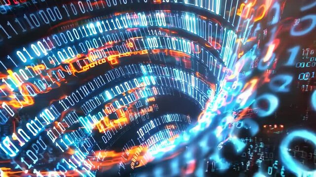 Abstract spiral of binary code in a dark background; symbolizing the flow of information, data, and tech advancements.