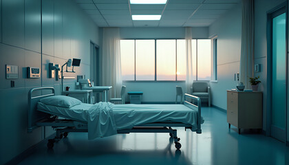 an empty hospital room with a large bed and a large window letting in blue light