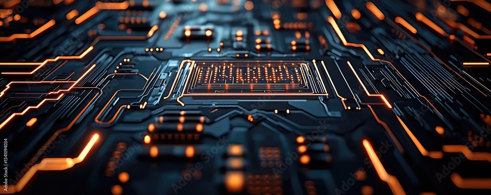Poster Artificial intelligence data circuit in cyberspace computing concept. Close-up view of a circuit board with glowing electronic components.